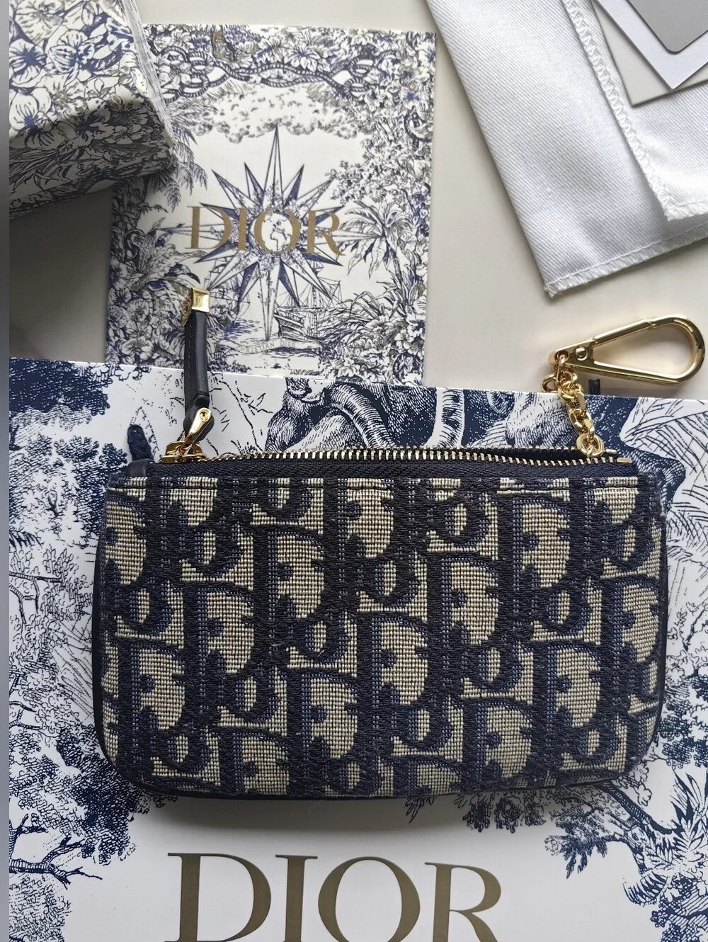 Dior Navy and Beige Oblique Canvas Key Pouch with Gold Hardware